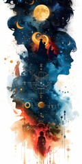 Aufkleber - a painting of a man and a woman with a full moon in the background. couple silhouette, astrology and