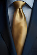 Close-up of a luxurious gold tie on a dark blue suit and royal blue shirt