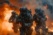 © dreamdes - Combat team running in front of an explosion. Soldiers in modern gear on an operation. Armed forces concept. War operation, military conflict, modern warfare.