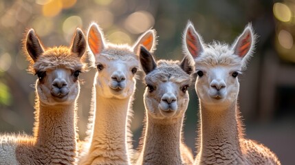 Sticker -   A cluster of llamas posed together, a tree nearby, building visible in the backdrop