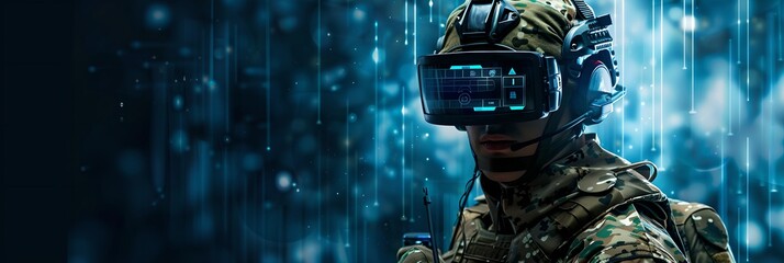 Soldier in VR headset on futuristic data backdrop with digital elements. Future technology. Virtual reality and augmented reality. Armed forces concept. Banner with copy space