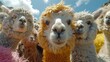   A cluster of llamas posed together against a backdrop of blue sky and drifting clouds