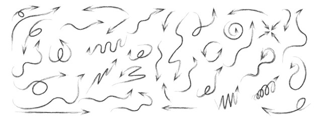 Poster - A set of arrows drawn by hand with charcoal or brush. Curved, twisted and straight pointers in solid and dotted lines. Group of chalk arrows . Vector set of pointers.