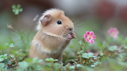 Wall Mural -   A small rodent forages on a flower amidst a sea of green grass and pink blooms in the foreground The backdrop softly blurs into an expanse of similar hues