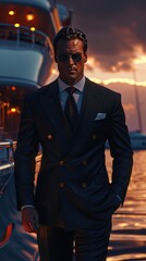 Wall Mural - handsome in suit man wearing sunglasseson yacht by ocean