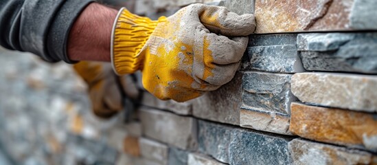 Poster - Rear view of a worker installing natural stone tiles on a wall