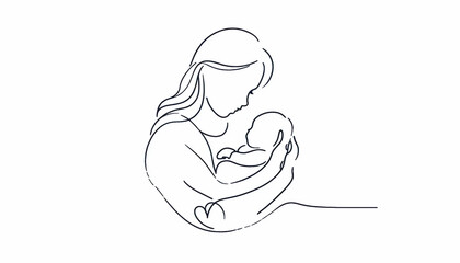 a black continuous line drawing of a new mom mother cradling her baby newborn, set against a pure wh