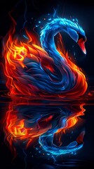 Aufkleber - a colorful swan is reflected in the water. a magical creature made of fire on black background.