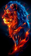 Aufkleber - a lion with a glowing mane on a black background. a magical creature made of fire.