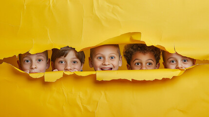 Wall Mural - Cheerful children peering out from behind a yellow solid background with copy space