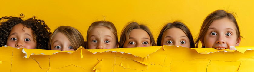 Wall Mural - Cheerful children peering out from behind a yellow solid background with copy space