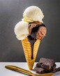 Eistüte mit Vanille Eis, Schokoladen Eis und Zitronen Eis oder Walnuss Eis mit grauem, dunklem Hintergrund garniert mit Erdbeeren und Schokosauce - Sauce