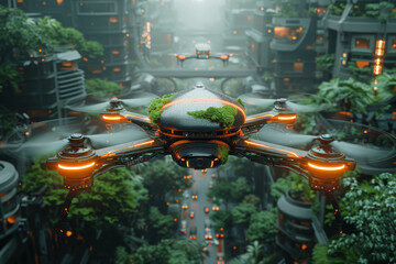 Canvas Print - An autonomous drone equipped with computer vision technology, capable of navigating and identifying objects in its environment. Concept of aerial surveillance and monitoring. Generative Ai.