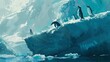 A group of penguins, native to Antarctica, standing upright on the peak of an iceberg in a seamless and synchronized manner. The penguins appear to be observing their surroundings while showcasing