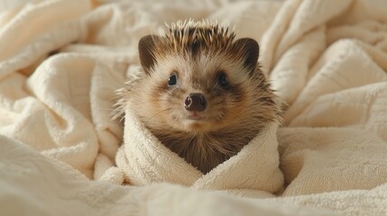 Wall Mural -   A hedgehog sits on a bed, gazing at the camera, covered in a blanket