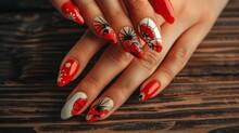 Manicured Hands With Red And White Nail Art With Floral And Ladybug Designs. Close-up Beauty Shot On Wooden Background. Fashion And Beauty Concept With Copy Space For Design And Print