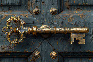 Poster - An artistic representation of a key unlocking a door, signifying the discovery of hidden truths or opportunities. Concept of revelation and progress. Generative Ai.