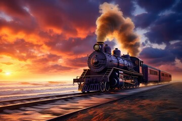 Wall Mural - A train rolls down tracks at sunset, emitting pollution into the sky