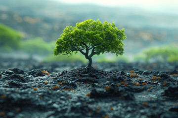 Poster - a conceptual illustration of a tree growing amidst barren land, representing hope and perseverance. 