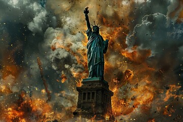 Fictional illustration of New York under attack, Statue of Liberty in Fire - demolished city in smoke and flames	