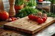 Tomatoes on cutting board, wooden table natural foods