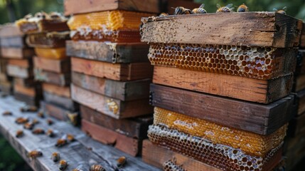 Poster - A bunch of honeybees are on a wooden table, AI