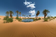 Desert Oasis With A Small Pond And Palm Trees - Green Plants In The Arid And Barren Sand Dunes