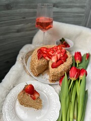 Canvas Print - Napoleon cake with a strawberry and flowers