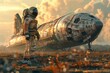The image shows an astronaut standing on a rocky orange planet in front of a battered spaceship. The sky is filled with clouds.