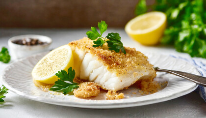 Baked cod fish with crispy breadcrumbs on a plate with lemon.