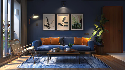Poster - The image depicts a modern living room with a blend of classic and contemporary elements.