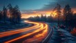 Twilight drive: curving road with light trails