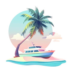 Wall Mural - A small boat floating near a deserted island with only one palm tree in view Isolated on transparent