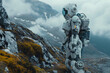 futuristic mountain rescue robot standing with a stunning landscape behind it