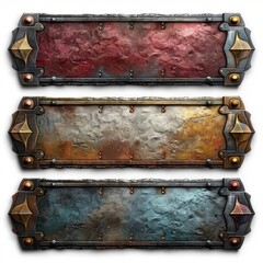 Wall Mural - Set of metal frames in different colors. .Metallic title banners set for epic game design on white background