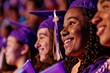 Graduate girls graduation ceremony wearing purple cap gown smiling faces diverse group