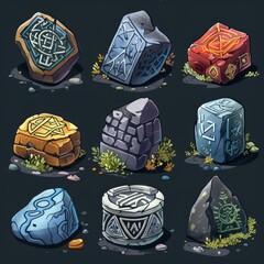 Canvas Print - Set of game stone icons. Zodiac signs, astrological symbols on stone set.