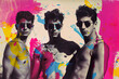 Pop collage Illustration of 3 young men wearing sunglasses  and bare chested