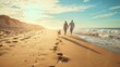 © Goinyk - A man and a woman are taking a stroll along the sandy beach with their dog. The couple appears happy as they enjoy the sunny day, with the dog walking alongside them.