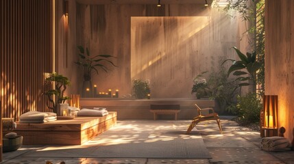 Wall Mural - A wooden bench sits in a sun-drenched spa room full of plants.