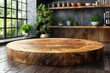 A large wooden cutting board graces the center of the kitchen