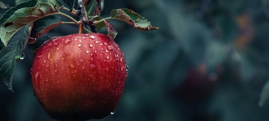 Wall Mural - Micro shot close up of a fresh red apple fruit hanged on tree with water drops dew as wide banner with copy space area