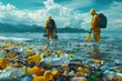 Two men in yellow suits amidst plastic waste in the ocean, under a cloudy sky