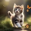 A playful kitten chasing a butterfly, with its tail puffed up4