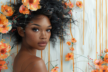 Beautiful black woman summer flowers and paint splashes on white background