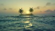 A small island sits in the middle of the ocean, with two palm trees swaying in the breeze. The clear blue waters surround the island, creating a peaceful and tropical scene.