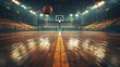 Vacant basketball court with a warm wooden surface. Sports facility under bright lights. Concept of professional sports, training ground, basketball games, and sportsmanship.