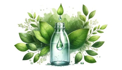 Digital art of a droplet dripping from green leaf into glass bottle. Essence extraction. Green backdrop. Concept of natural medicine, herbal essence, botanical extracts, organic healthcare.