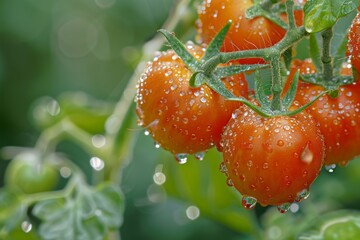 Wall Mural - Ripe cherry tomatoes on vine with water drops, a seedless natural food staple