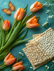 Poster - A table with a bunch of matzah and some flowers. AI.